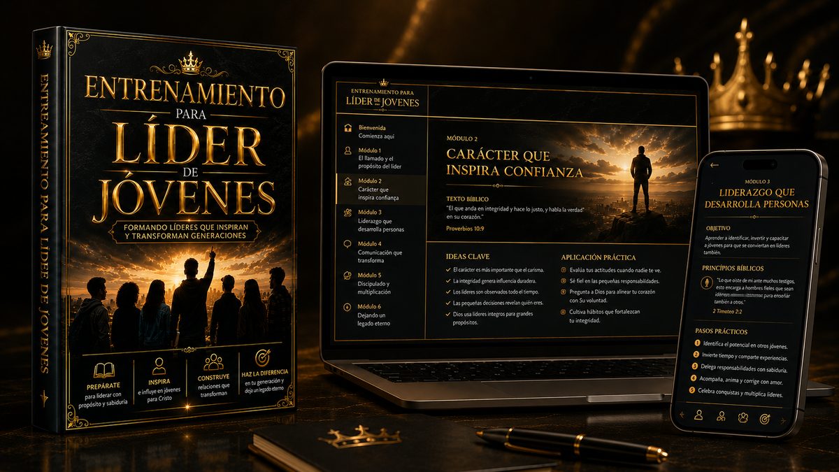 Entrenamiento para Líder de Jóvenes en libro, laptop y celular