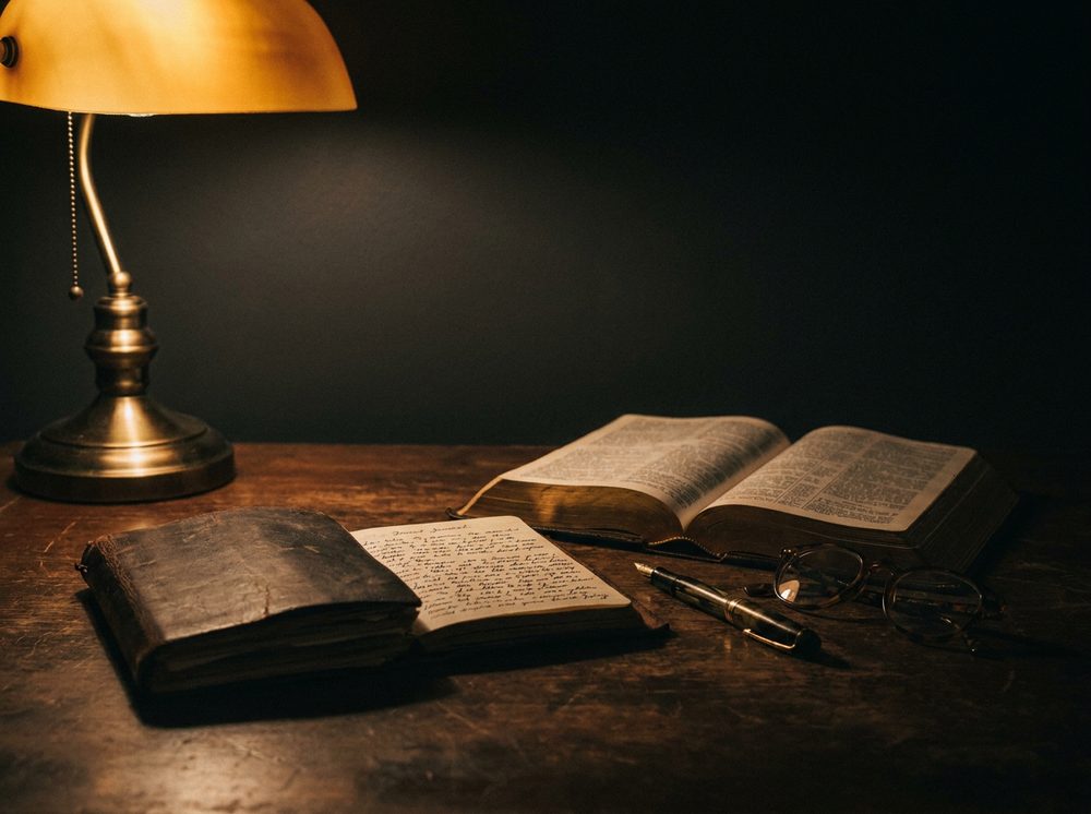 Biblia abierta, cuaderno de notas y bolígrafo sobre la mesa de estudio