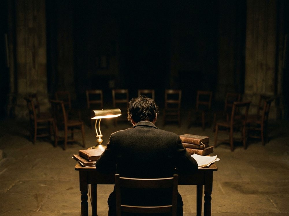 Líder de jóvenes preparando el encuentro solo, de noche, entre sillas vacías