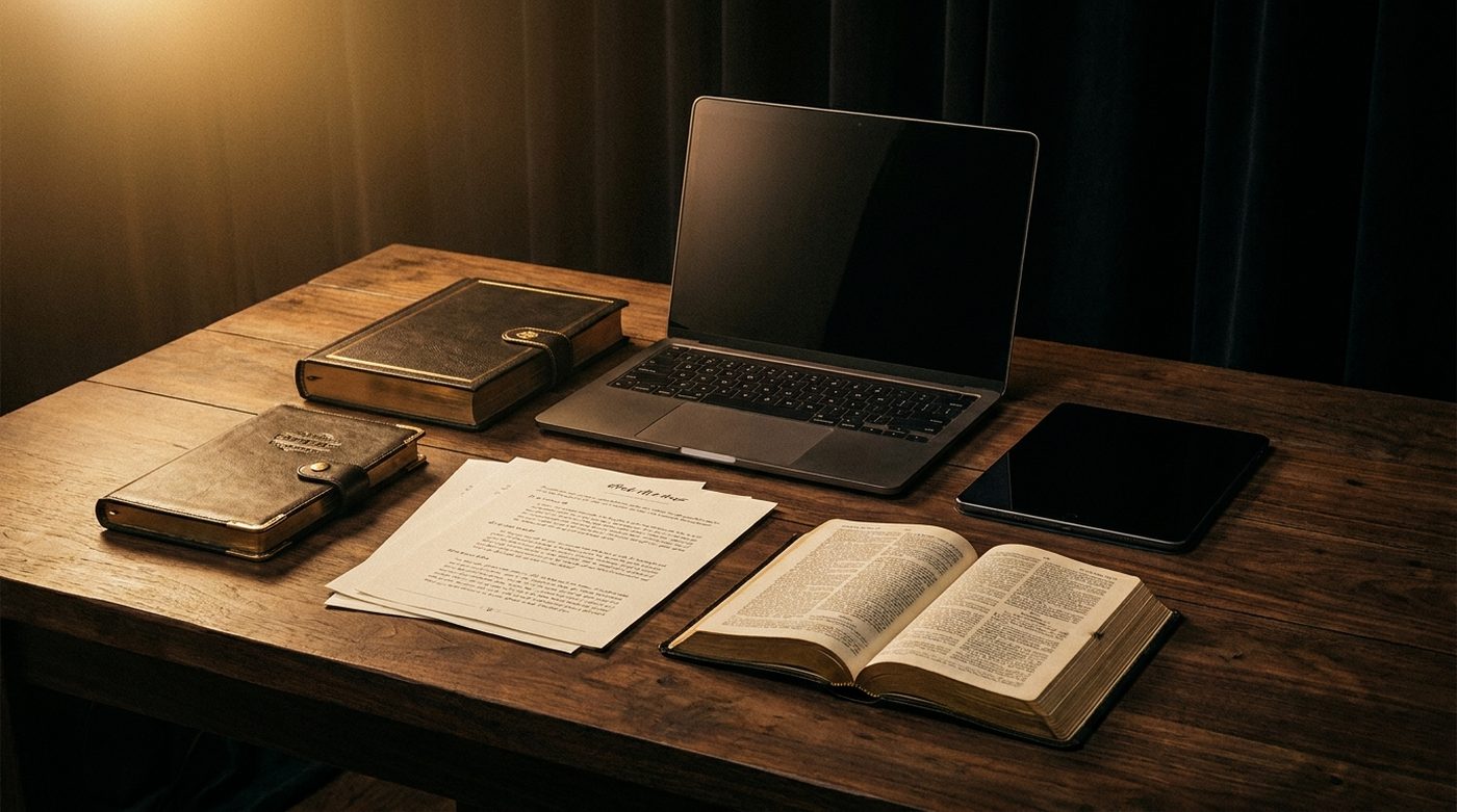 Entrenamiento para Líder de Jóvenes en laptop, tablet, Biblia y material impreso